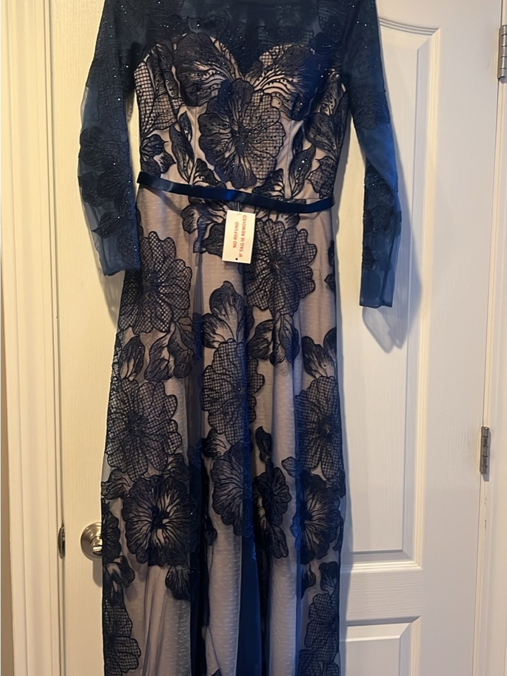 Navy Floral Lace Appliqué Long Sleeve Formal Dress